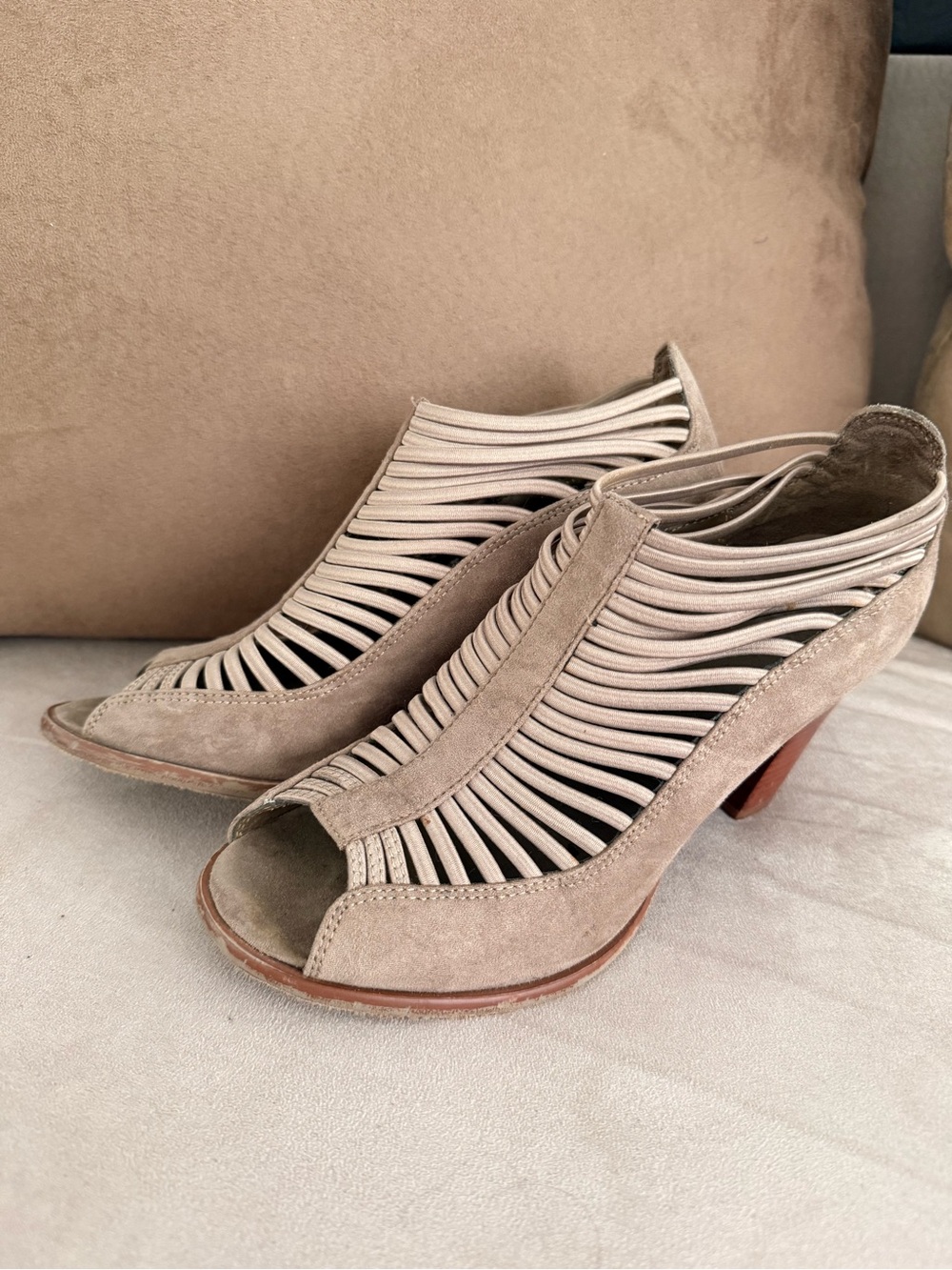 MIA Taupe Suede Strappy Peep-Toe Heels